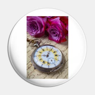 Old Pocket Watch And Red Purple Roses Pin