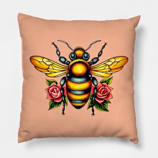 Vintage Bee and Roses Flash Tattoo Pillow