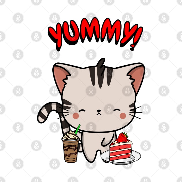 Cute tabby cat is having coffee and cake by Pet Station