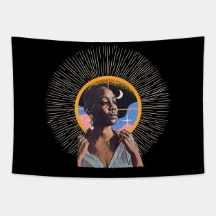 Black Woman half-moon fireworks Tapestry