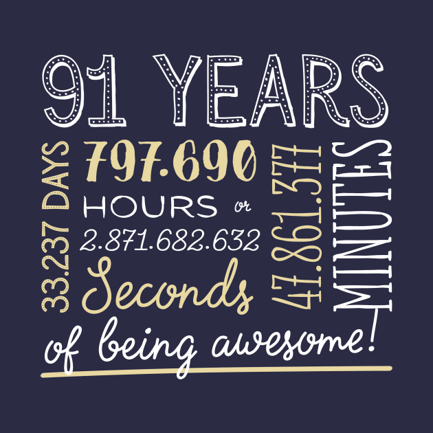 91st Birthday Gifts - 91 Years of being Awesome in Hours & Seconds by BetterManufaktur