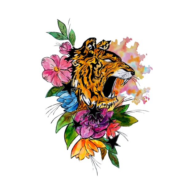 Tiger with Flowers and Stars by ZeichenbloQ