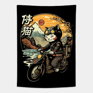 Japanese Samurai Cat on Motorcycle Kawaii Ninja Cat Tapestry