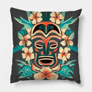 A graphic inspired by Polynesian tiki culture, featuring tiki masks, hibiscus flowers, and tropical motifs. Pillow