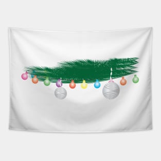 Green Leaves, Colorful Light Bunting and Silver Ornaments Tapestry