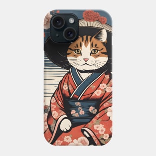 Japanese woodblock cat wearing kimono Phone Case