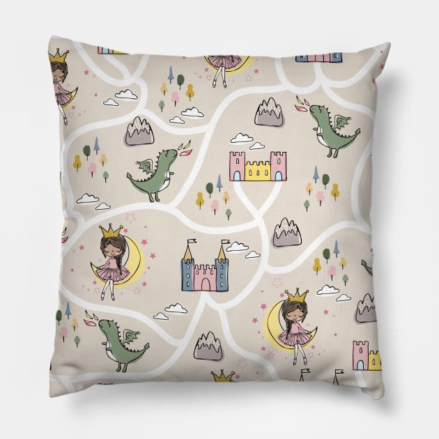 Childish seamless pattern with princess and dragon beige background Pillow by Arch4Design