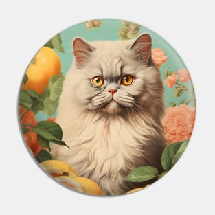 Vintage Persian Cat Collage Surrounded by Citrus Fruit - Unique Cat Art Pin