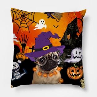 Pug Witch Funny Dog Halloween Pillow