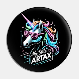 Neon unicorn artwork, futuristic mood, black style, wearing sunglasses, My little artax Pin