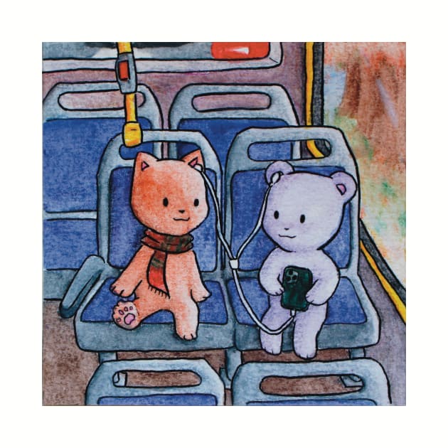 kitten and teddy bear listening to music in the bus illustration by maoudraw