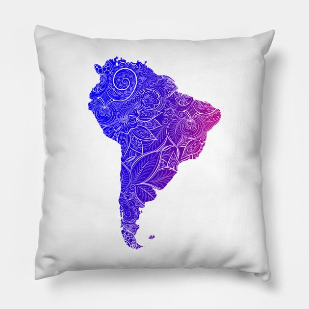 Colorful mandala art map of South America with text in blue and violet Pillow by Happy Citizen