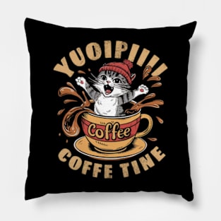 A hilarious and vibrant vintage-inspired illustration of an adorable cat wearing a red beanie, sitting inside a coffee cup that's spilling coffee. (3) Pillow