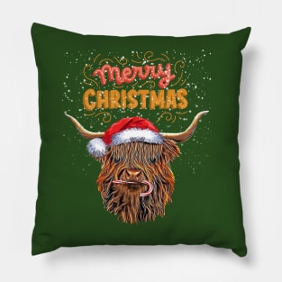 Highland cow and Merry Christmas, Christmas with cute Highland Cow, for nativity day Pillow