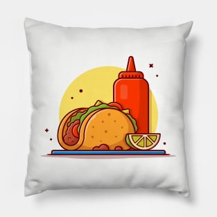 Taco Mexican Food with Lemonade and Ketchup Cartoon Vector Icon Illustration (2) Pillow