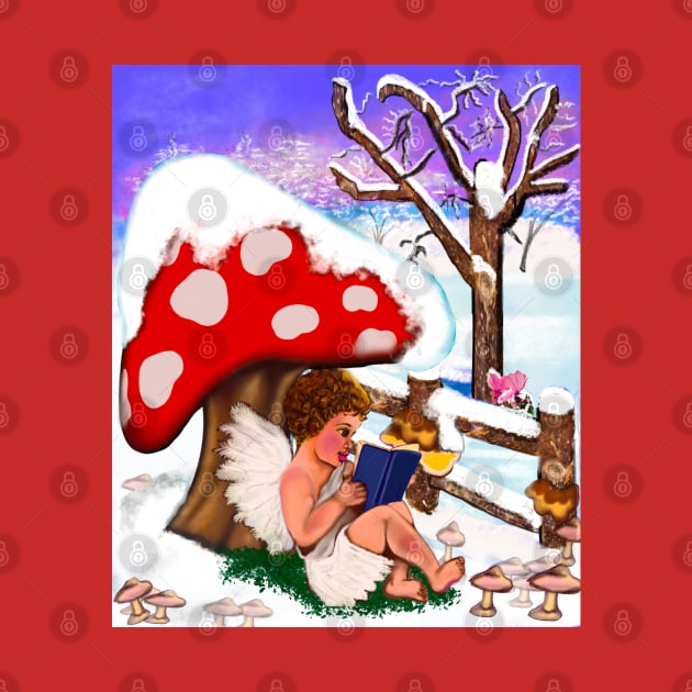 Bookworms mushroom - Snow covered mushroom covering Little bookworm angel boy cherub reading a book - tranquil winter scenery by Artonmytee