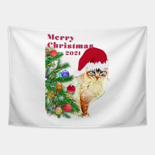 Merry Christmas 2021 Cat with a hat Christmas gifts Tapestry