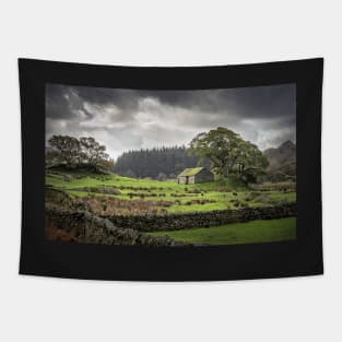 Country Barn in Green Fields with Stone Walls Tapestry