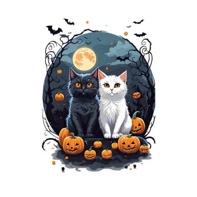 "Harmonious Halloween: Cat Lovers Under the Big Full Moon with Black and White Couple Cats" by Ratchyshop