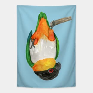 A black headed caique hanging upside down Tapestry