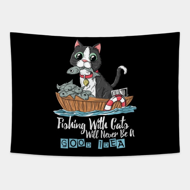 Copy of Cute Funny Cat Eat Fish Fishing Gift Tapestry by Freid