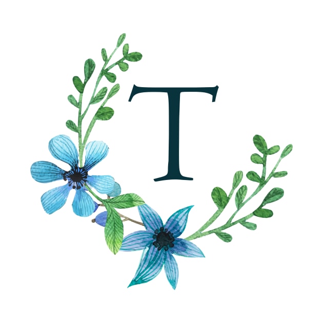 Floral Monogram T Pretty Blue Flowers by floralmonogram