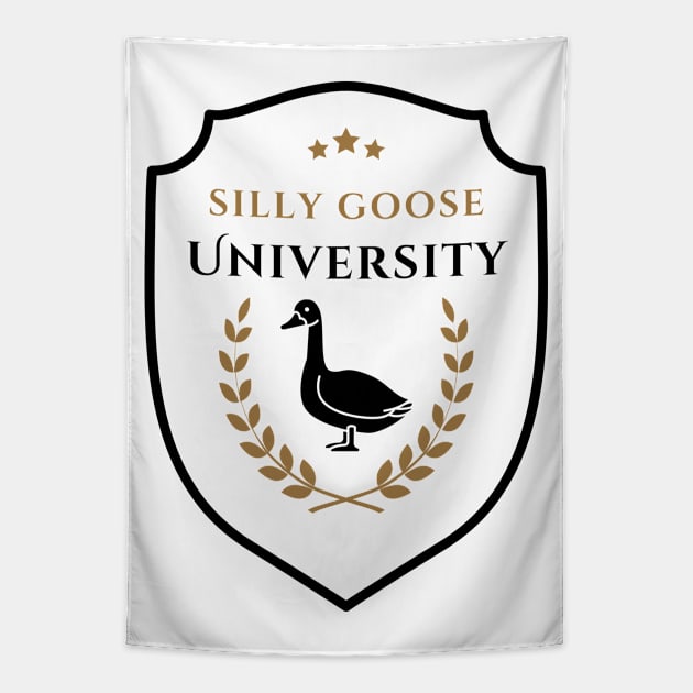 Silly Goose University - Standing Goose Emblem With Golden Details Tapestry by Double E Design