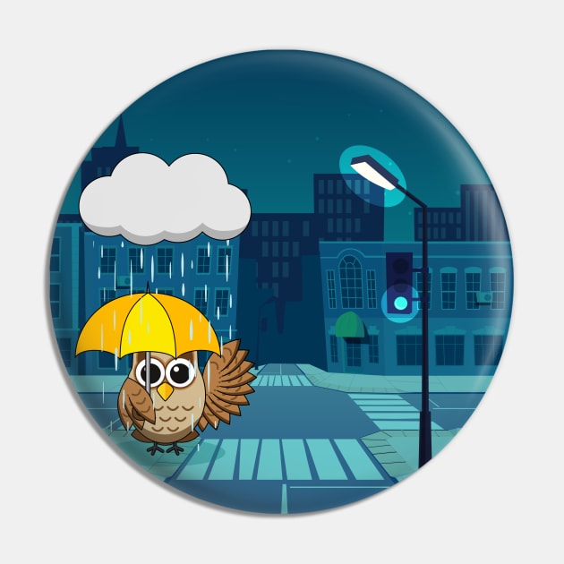 Cute Owl with Umbrella on Rainy Day Pin by BirdAtWork