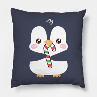 Cute Penguin Munching On Candy Cane Pillow