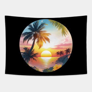 Serenity's Embrace: A Photorealistic Masterpiece of a Majestic Palm Tree and Flowers at Sunset Tapestry