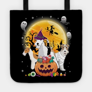 Wire Fox Terrier Dog Mummy Witch Moon Ghosts Happy Halloween Thanksgiving Merry Christmas Day Tote