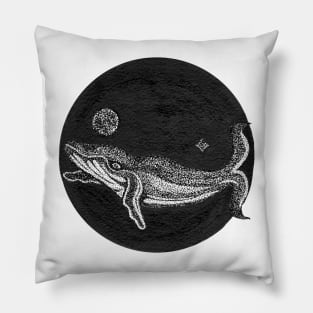 Hand inked whale with moon and northern light in the deep black ocean Pillow