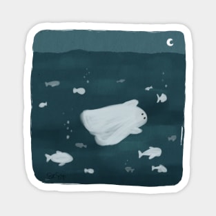 Happy Ghost Swimming With Fish Magnet