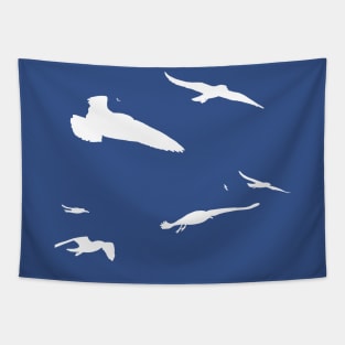 Flock Of Seagulls Scavenging White Silhouette Tapestry