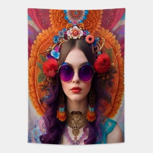 Bohemian psychedelic peace flower power girl art Tapestry