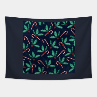 Blue Green Holly Leaves Red Berries Candy Cane Paint Tapestry