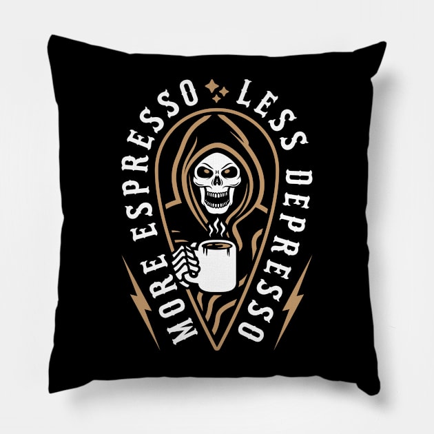 More Espresso Less Depresso Grim Reaper Coffee Brown Pillow by brogressproject