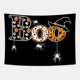 Boo Halloween T Shirt With Spiders And Witch Hat Tapestry