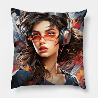 Cyberpunk Girl Lost in Music Pillow