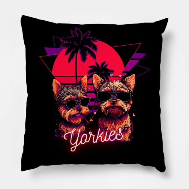 Yorkie's With Sunglasses and Retro Palm Tree Sunset Pillow by Trip Tank