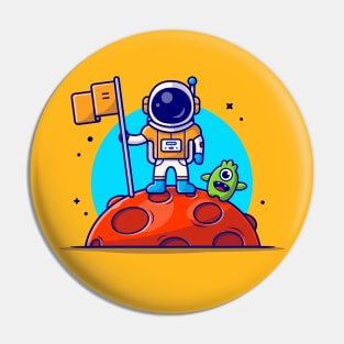 Cute Astronaut Standing Holding Flag on Moon with Cute Alien Space Cartoon Vector Icon Illustration Pin