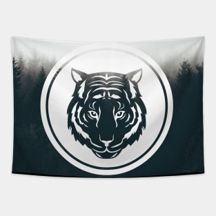 Tiger head with a cool forest background Tapestry