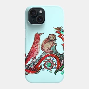 WEIRD MEDEVAL BESTIARY, CAT AND CUCKOO BIRD IN RED GREEN Phone Case