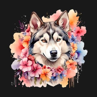 A siberian husky decorated with beautiful watercolor flowers T-Shirt