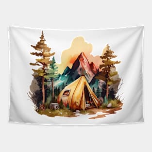 Summer Camping Mountain Watercolor Scene Tapestry