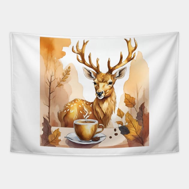 deer with coffee Tapestry by Awgacia