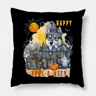 Siberian Husky Happy Howl-o-ween Ghost Houses Funny Watercolor Pillow