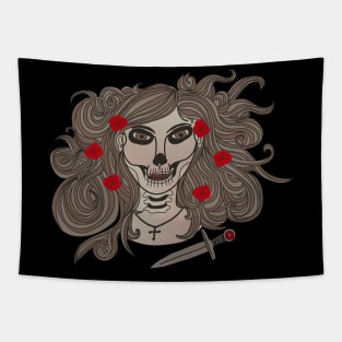 Hand Drawn La Catrina With Cross, Dagger And Roses (Light) Tapestry