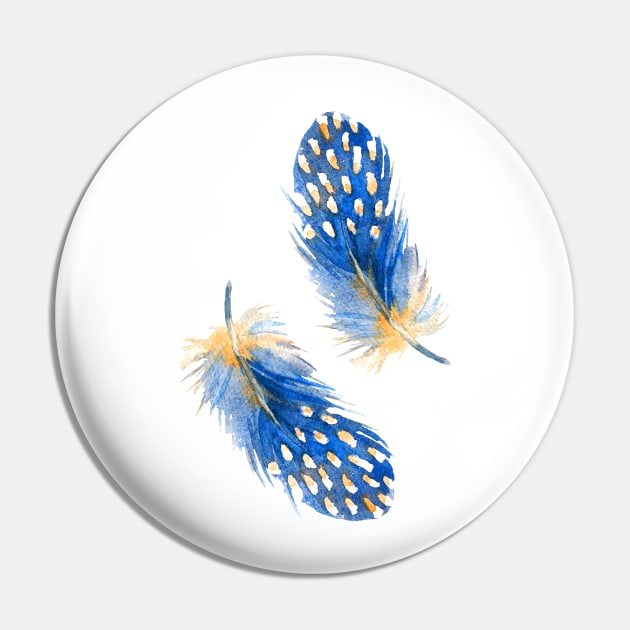 Blue Feathers of Helmeted guineafowl. Watercolor Pin by ArchiTania