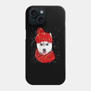 Husky Wearing Red Hat And Scarf In Snow Christmas Phone Case